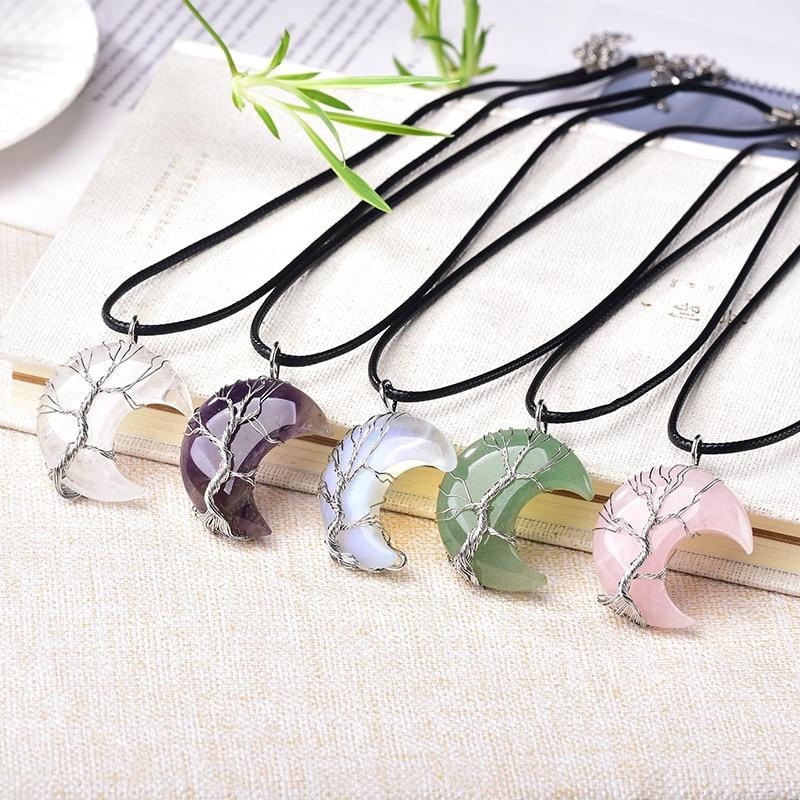 Natural Crystal Pendant Tree Of Life Moon Necklace