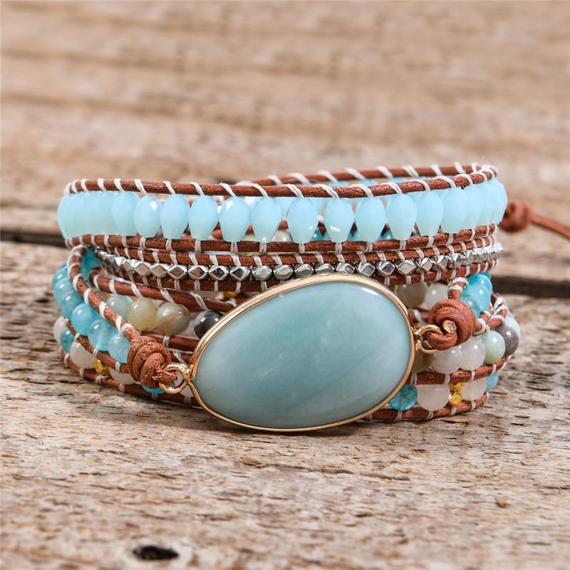 Handmade Beaded buy Leather Wrap Bracelet Amazonite Stones Natural Stone Triple Wrap