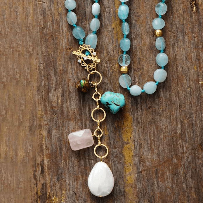 Healing Aquamarine Necklace with Turquoise, Shell Pearl and Rose Quartz Pendant