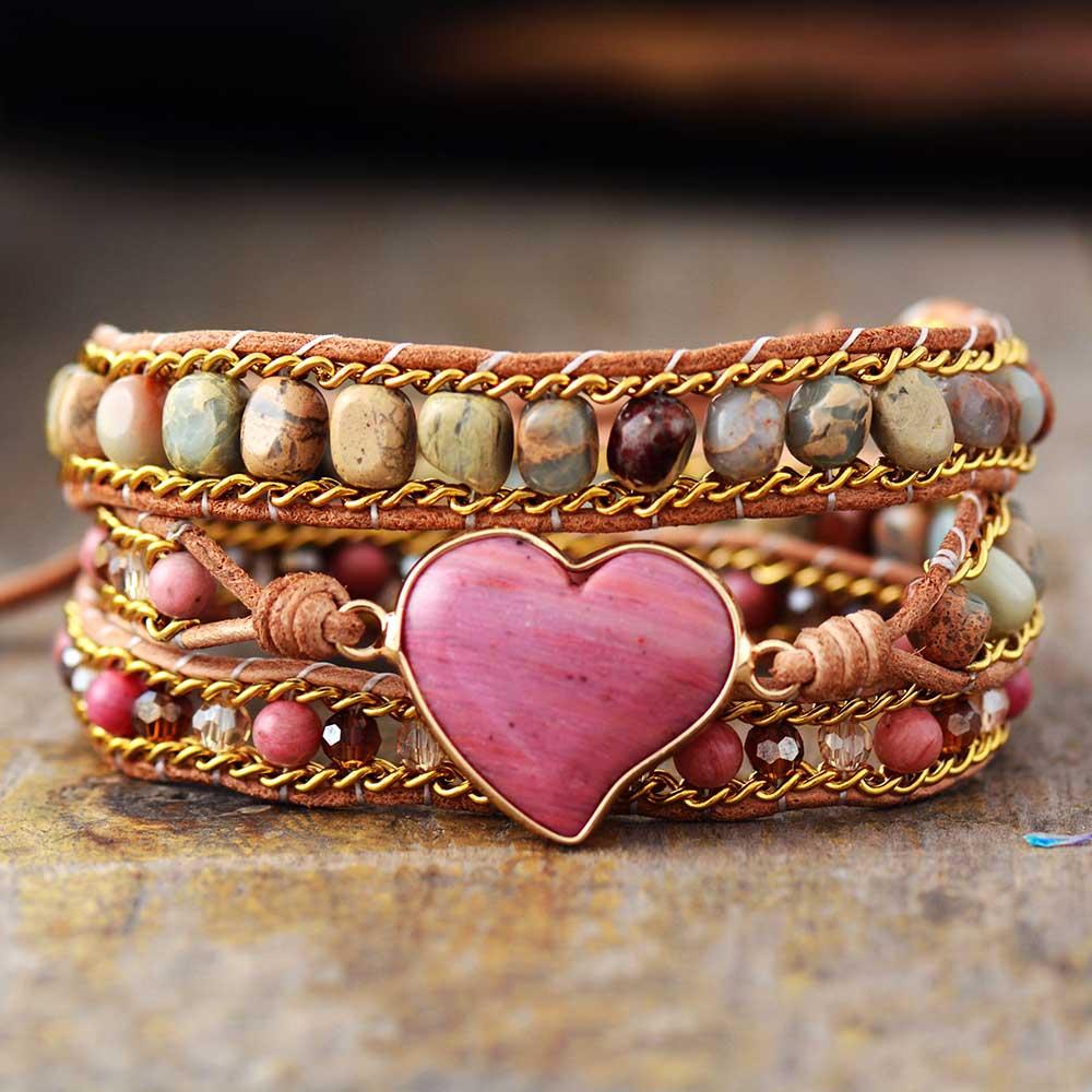 Healing Rhodonite Heart Wrap Bracelet