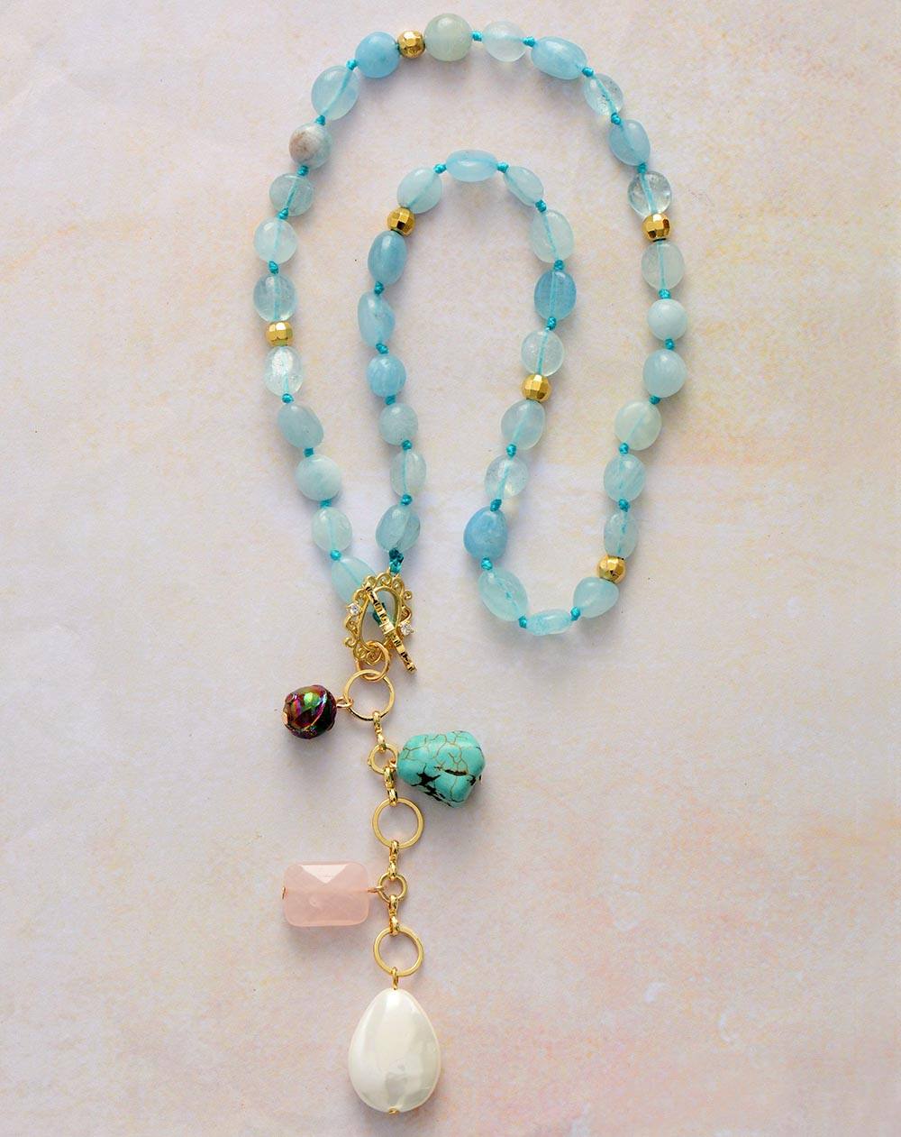 Healing Aquamarine Necklace with Turquoise, Shell Pearl and Rose Quartz Pendant