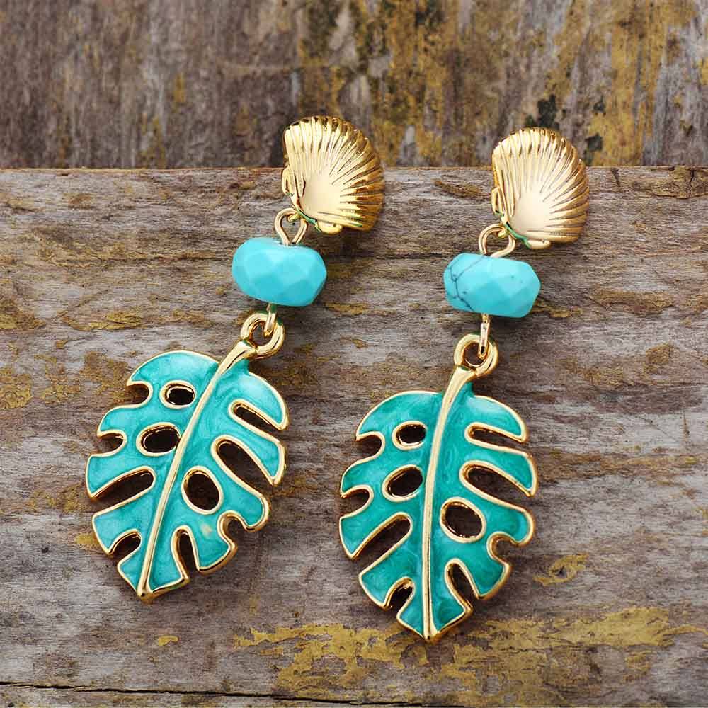 Monstera Oorbellen met Turquoise Beschermingssteen