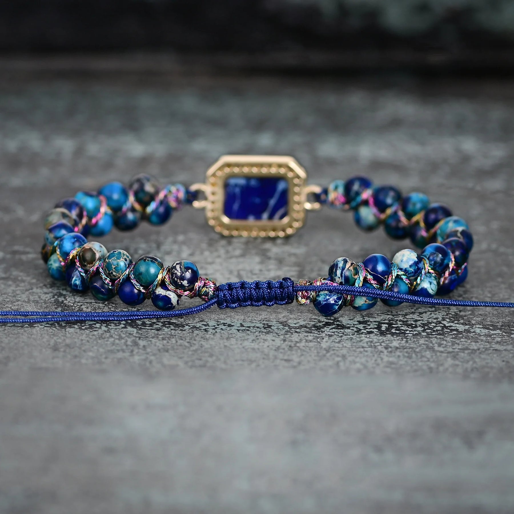 Blue Rectangular Stone Pendant Beaded Bracelet
