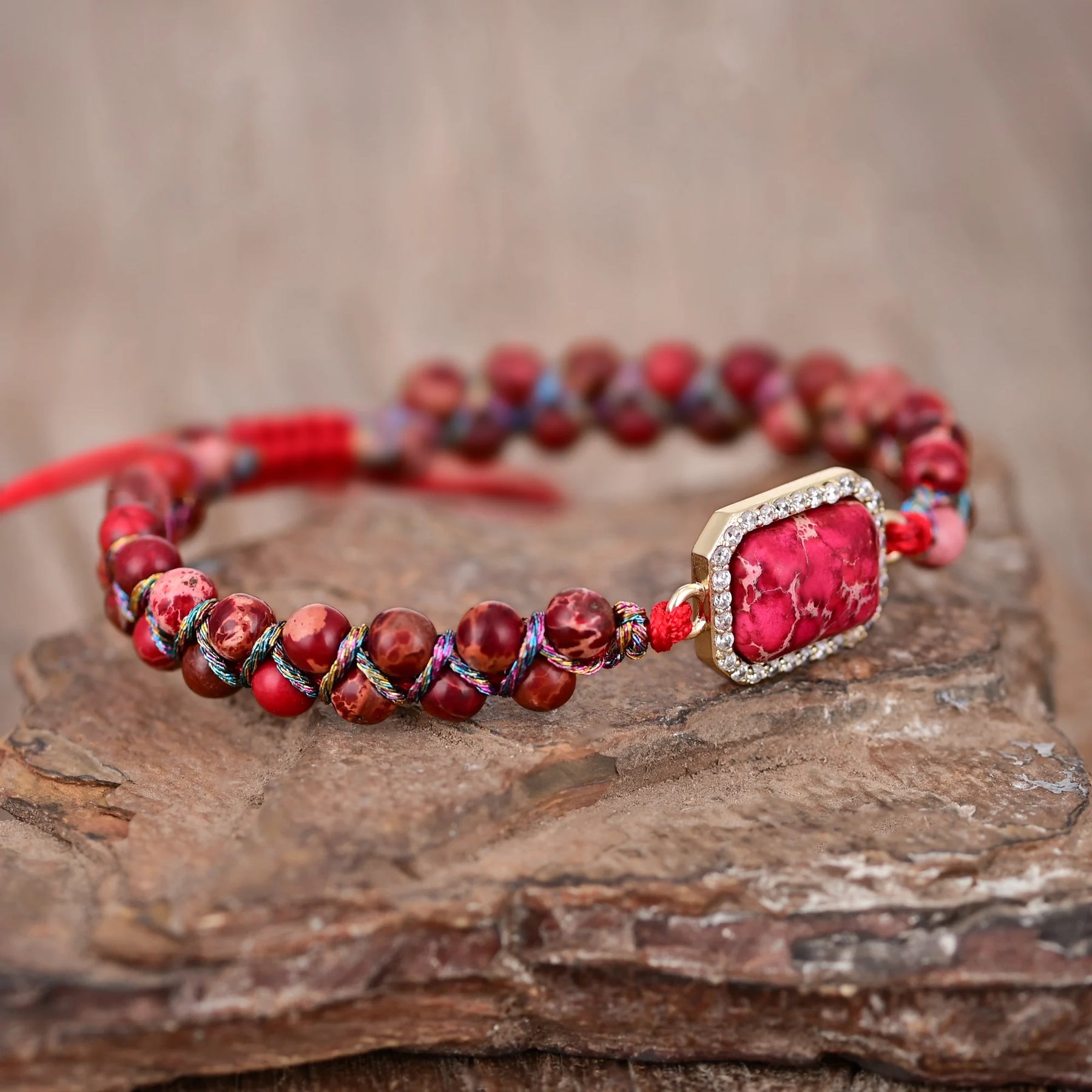 Red Rectangular Stone Pendant Beaded Bracelet