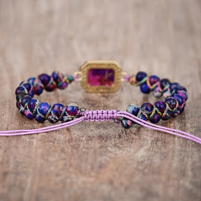 Purple Rectangular Stone Pendant Beaded Bracelet