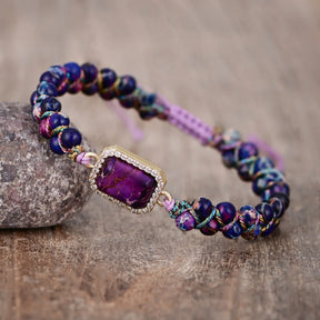 Purple Rectangular Stone Pendant Beaded Bracelet