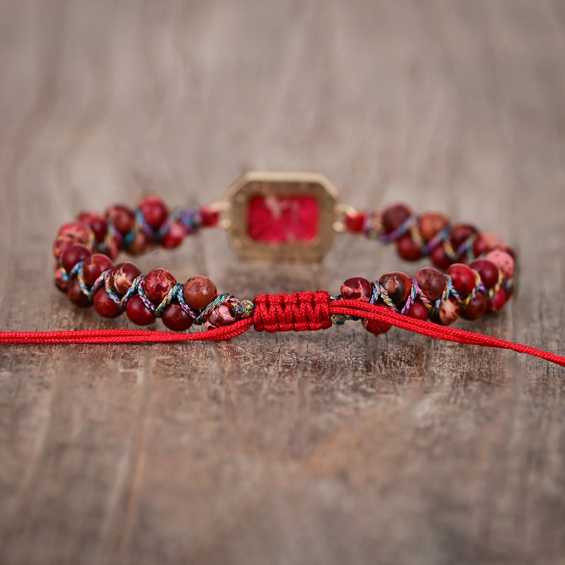 Red Rectangular Stone Pendant Beaded Bracelet