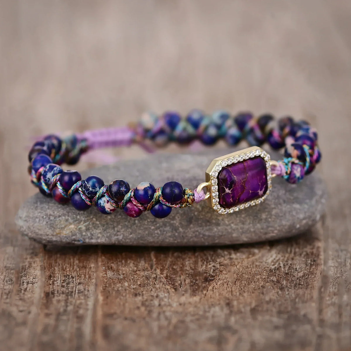 Purple Rectangular Stone Pendant Beaded Bracelet