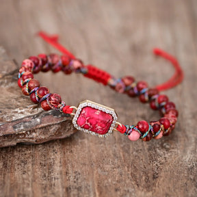 Red Rectangular Stone Pendant Beaded Bracelet
