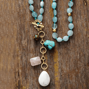 Healing Aquamarine Necklace with Turquoise, Shell Pearl and Rose Quartz Pendant