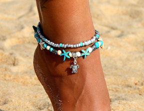 Turquoise Starfish and Sea Turtle Anklet