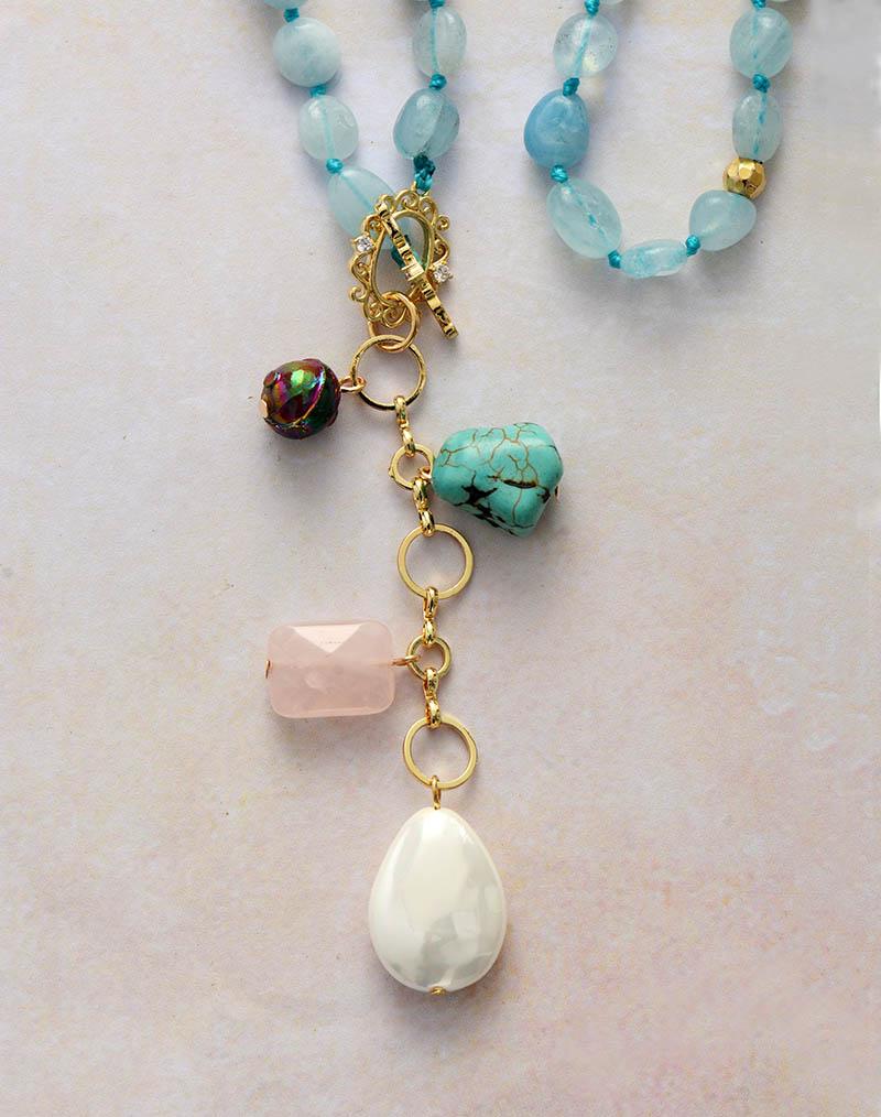Healing Aquamarine Necklace with Turquoise, Shell Pearl and Rose Quartz Pendant