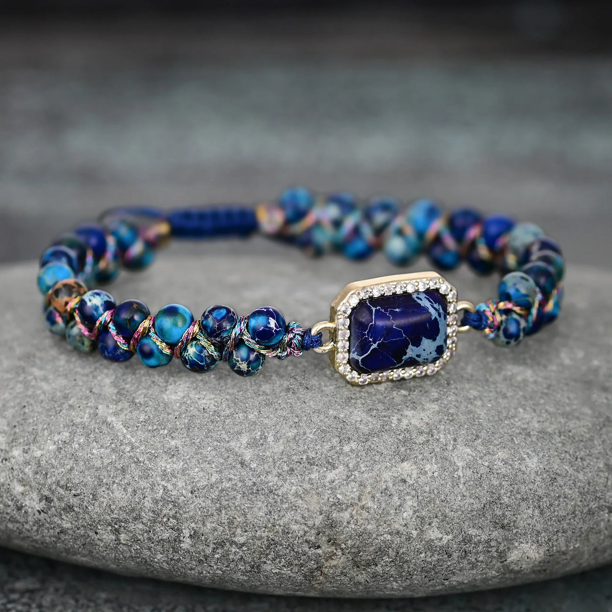 Blue Rectangular Stone Pendant Beaded Bracelet