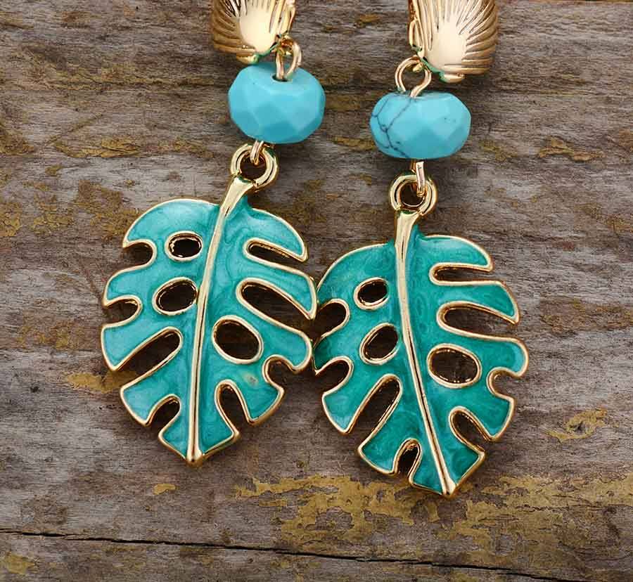 Monstera Earrings with Turquoise Protection Stone