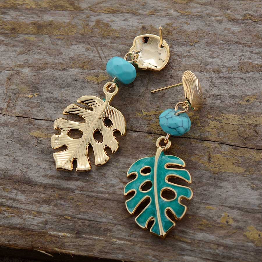 Monstera Earrings with Turquoise Protection Stone