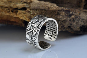 925 Sterling Silver Lotus Ring with the Heart Sutra Inside Adjustable
